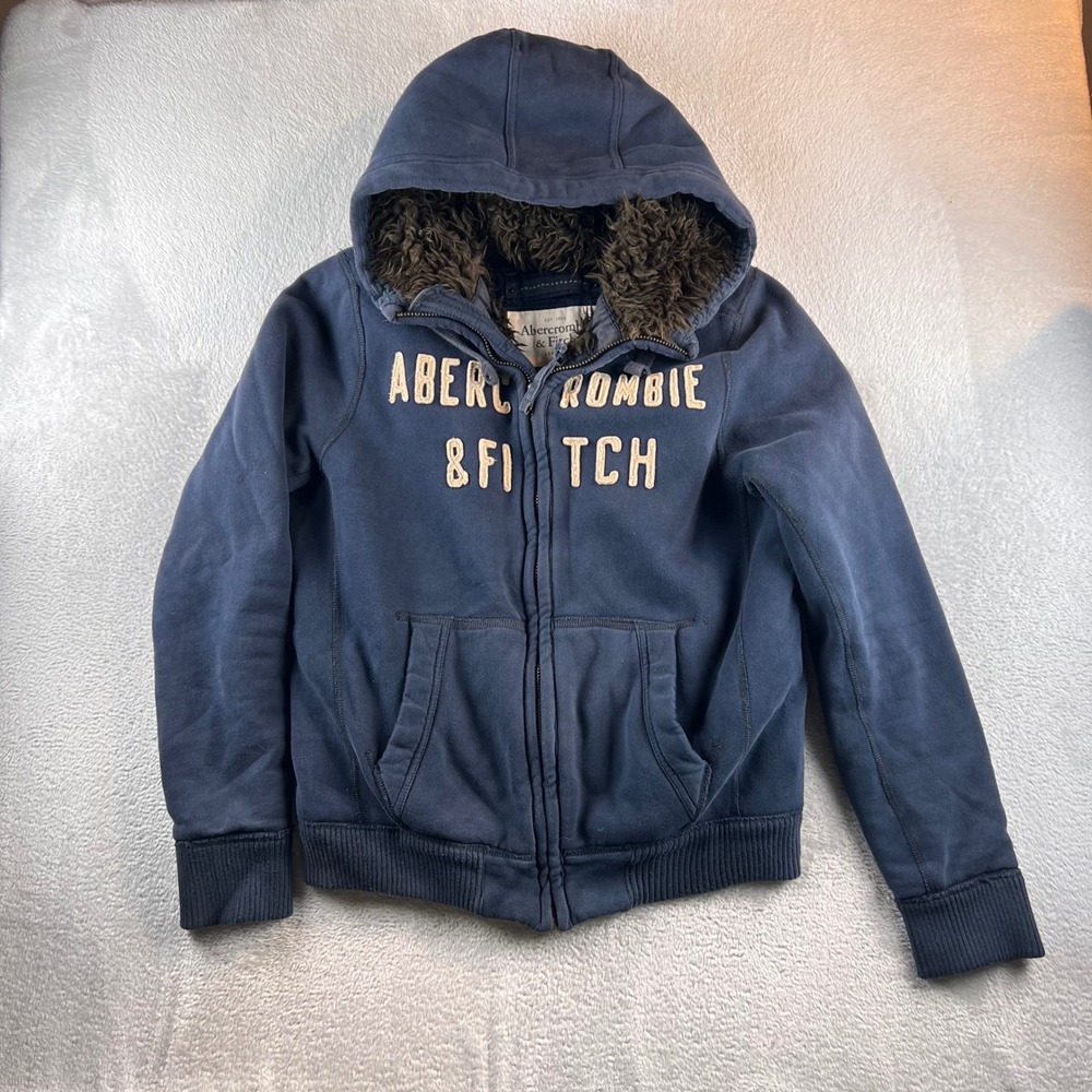 Abercrombie Wolf Jaw Jacket Mens XL Navy Faux Fur Lined Full Zip 122137110